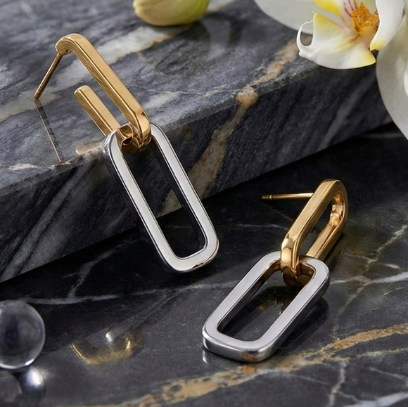 Minimalist Chic Two Tone C Hoop Earrings 18K Gold Plated Stainless Steel - Picture 9 of 14